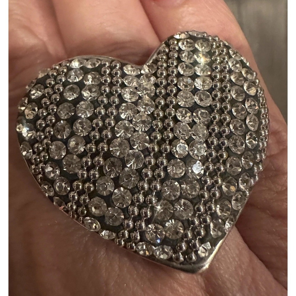 Rhinestone Heart Silver Tone Bling Statement Cocktail Ring Glam Size 8 Stretch